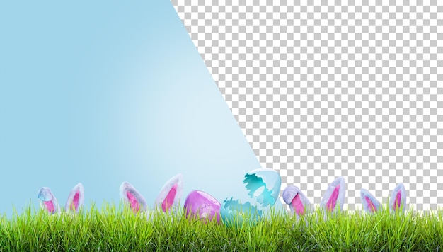 PSD konijnenoren en paaseieren op groen gras konijnenoren verborgen op een groen grasveld happy easter banner 3d