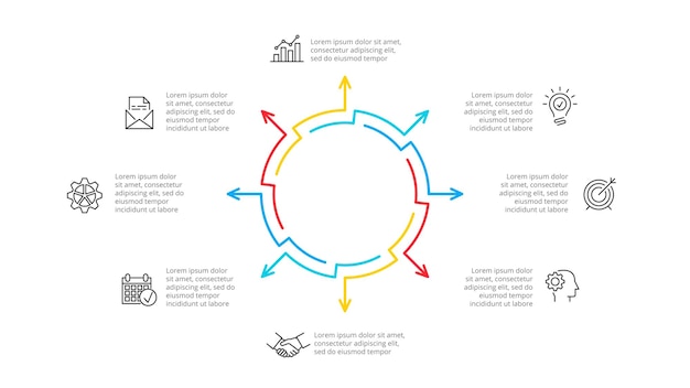 Kontur infografik cykeldiagram med 8 alternativ steg eller processer