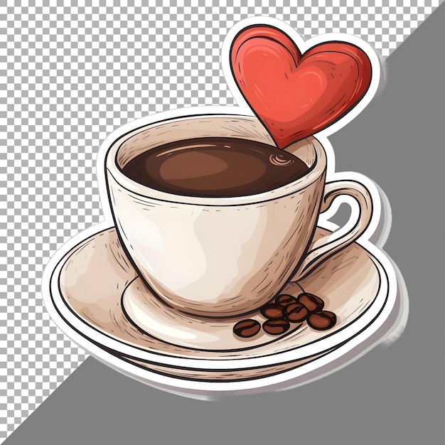 Kop koffie met harten sticker stijl op doorzichtige achtergrond ai gegenereerd