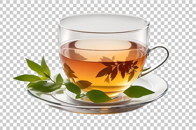 PSD kop thee met verse theeblaadjes op een schotel op een doorzichtige achtergrond png