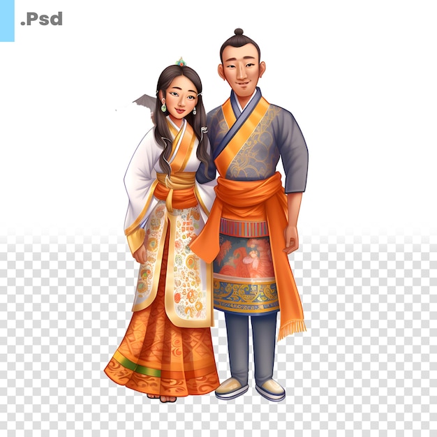 PSD koreaans echtpaar in traditionele kleding op een witte achtergrond vector illustratie psd sjabloon