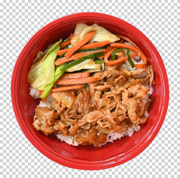 Корейская говядина, свинина, рис и обжаренный зеленый лук, морковь, зелень с кунжутом, подается в красной миске, вид сверху фото премиум-класса PSD