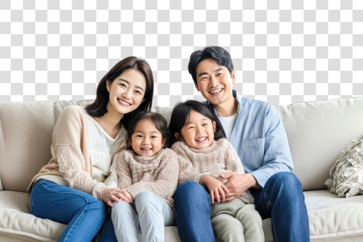PSD 웃는 부모와 어른이 앉아 있는 한국 가족