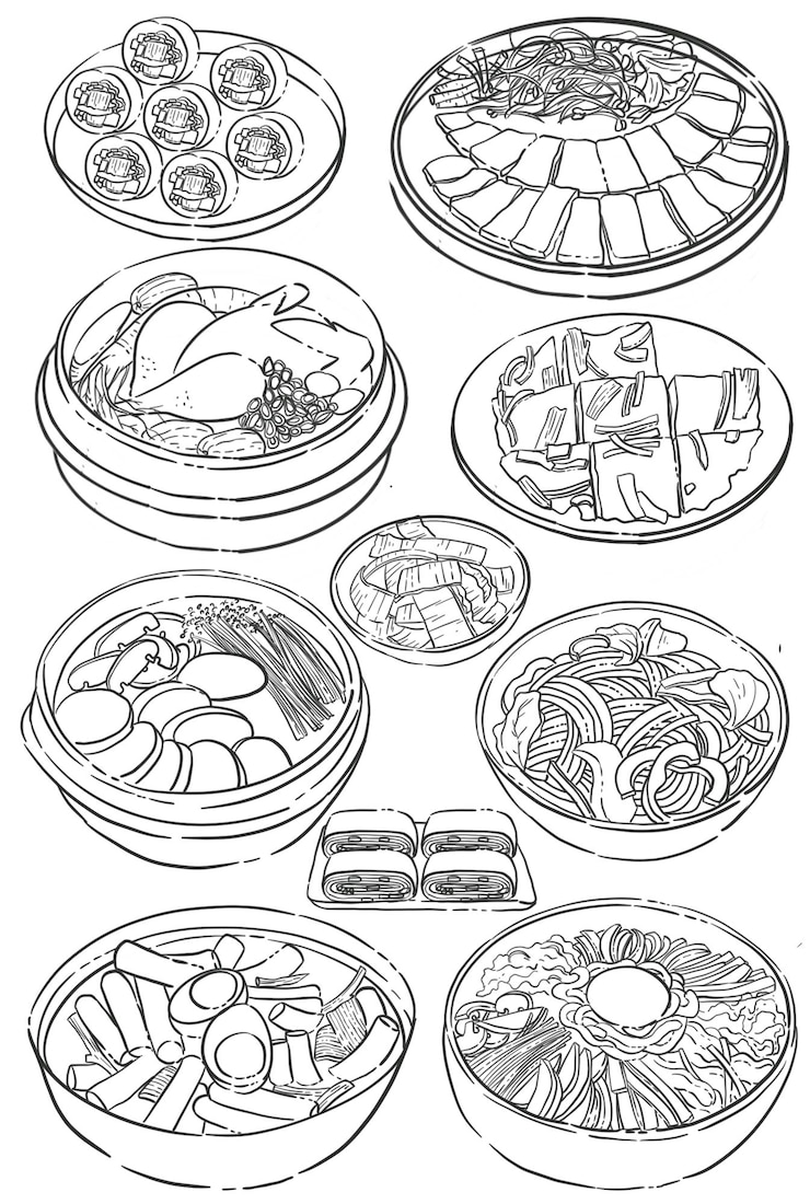 PSD korean food sketch lineart outline