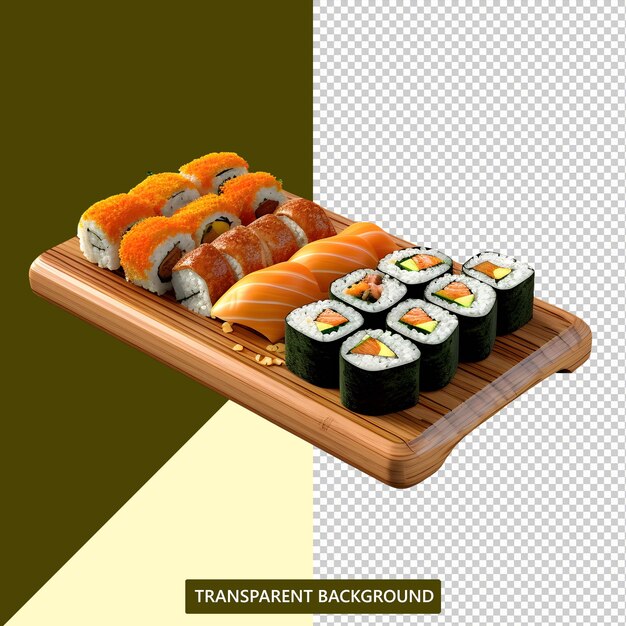 Korean gimbap served on a wooden board and elegant png file transparent background