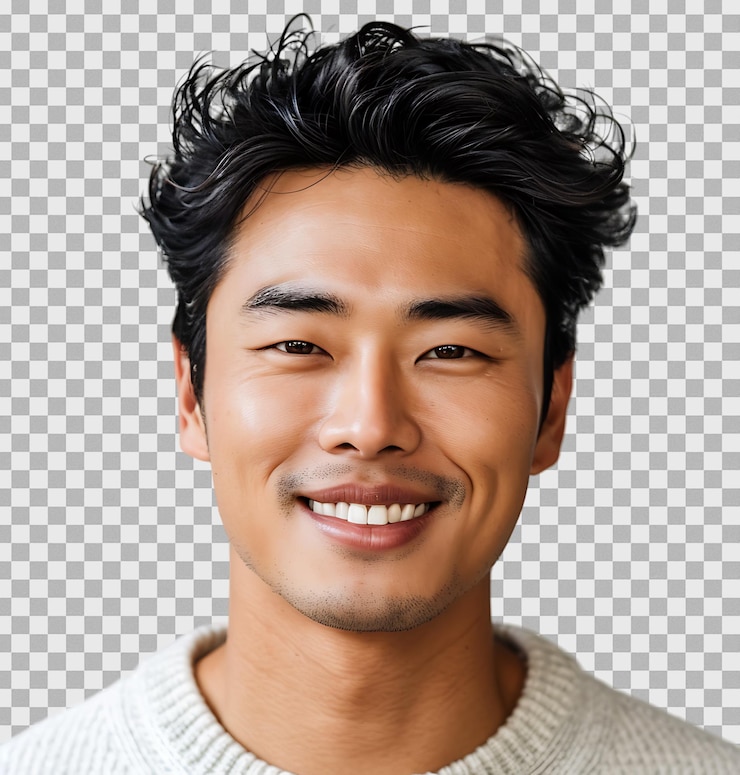 PSD 孤立した透明な背景でカメラに微笑む韓国人の若い男性