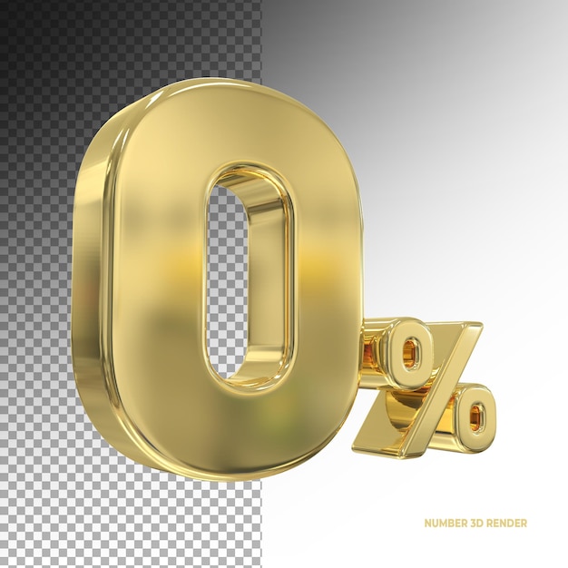 Korting nummer 0 procent goud 3D-rendering linker zijaanzicht