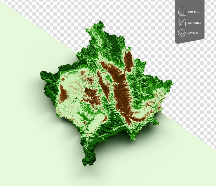 PSD kosovo topographic map 3d realistic map color on pastel green background 3d illustration