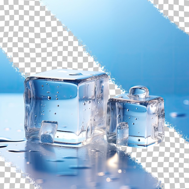 PSD kostki lodu o różnych rozmiarach z kropelkami wody na przezroczystym tle
