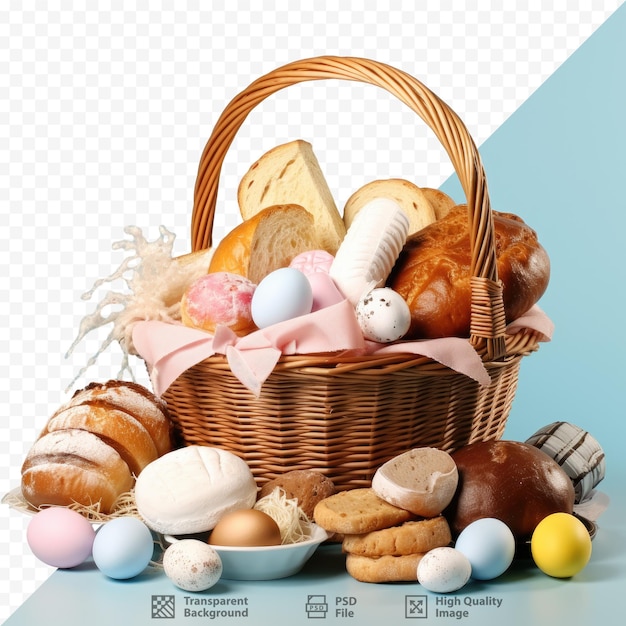 PSD koszyczek wielkanocny zawiera jajka, sól, chleb, mięso, kiełbasę i ciasto wielkanocne