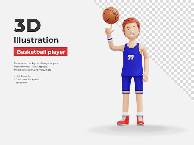 koszykarz kręcąca się piłka z koniuszkiem palca ilustracja kreskówka 3D