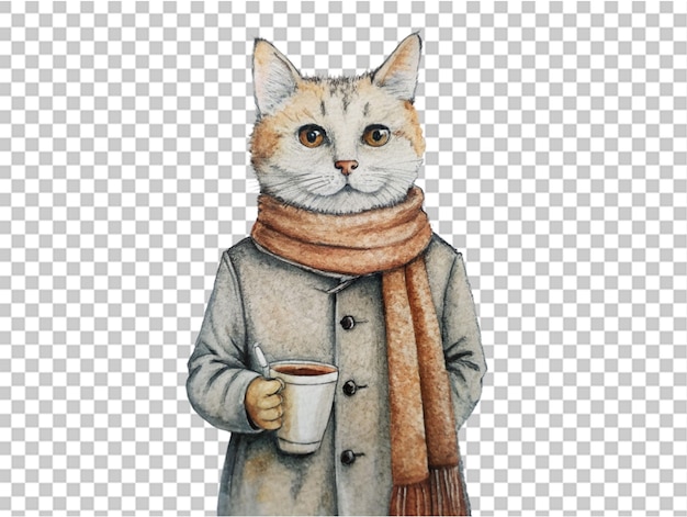 PSD kot noszący płaszcz i szalik i trzymający kubek na białym przezroczystym