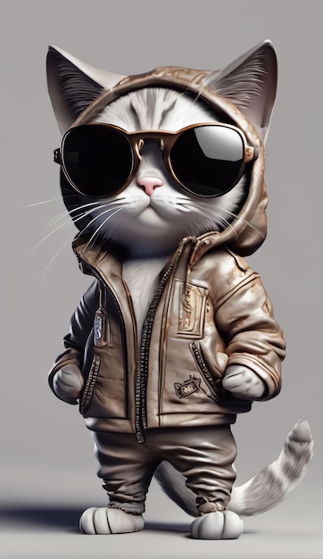 PSD kot z kreskówki w pełnowymiarowych okularach przeciwsłonecznych i kurtce z kapturem na przezroczystym tle 3d