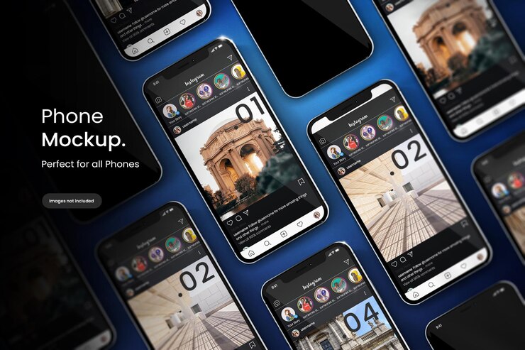 Koyu mavi arka planda telefon modelinde Instagram modeli şablonu