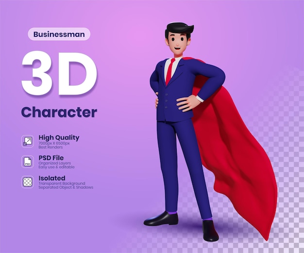 Krachtige zakenman permanent met een superheld rode mantel in een actie superheld pose 3d illustratie