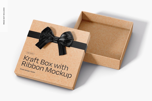 PSD kraft box with ribbon mockup opened