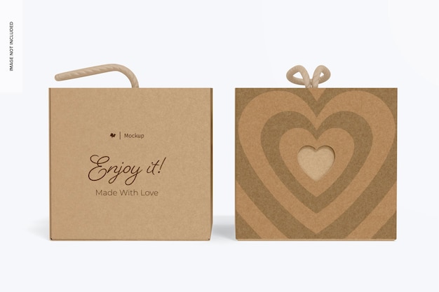 PSD kraft cube box with heart mockup front and back