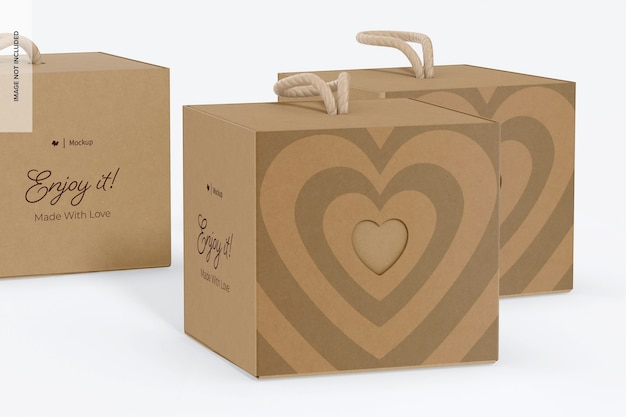 Kraft Cube Boxes With Heart Mockup