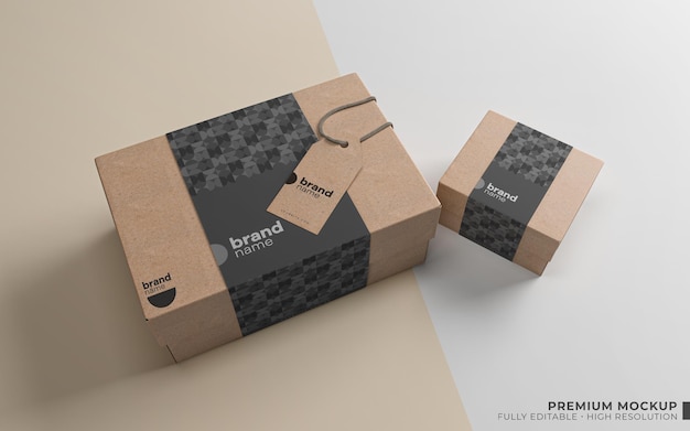 Mockup di etichette kraft, scatola kraft e carta