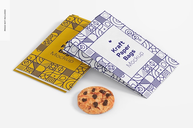 Kraft paper bags with cookie mockup, perspective view