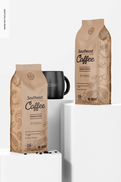 Kraft paper coffee bags on podiums mockup