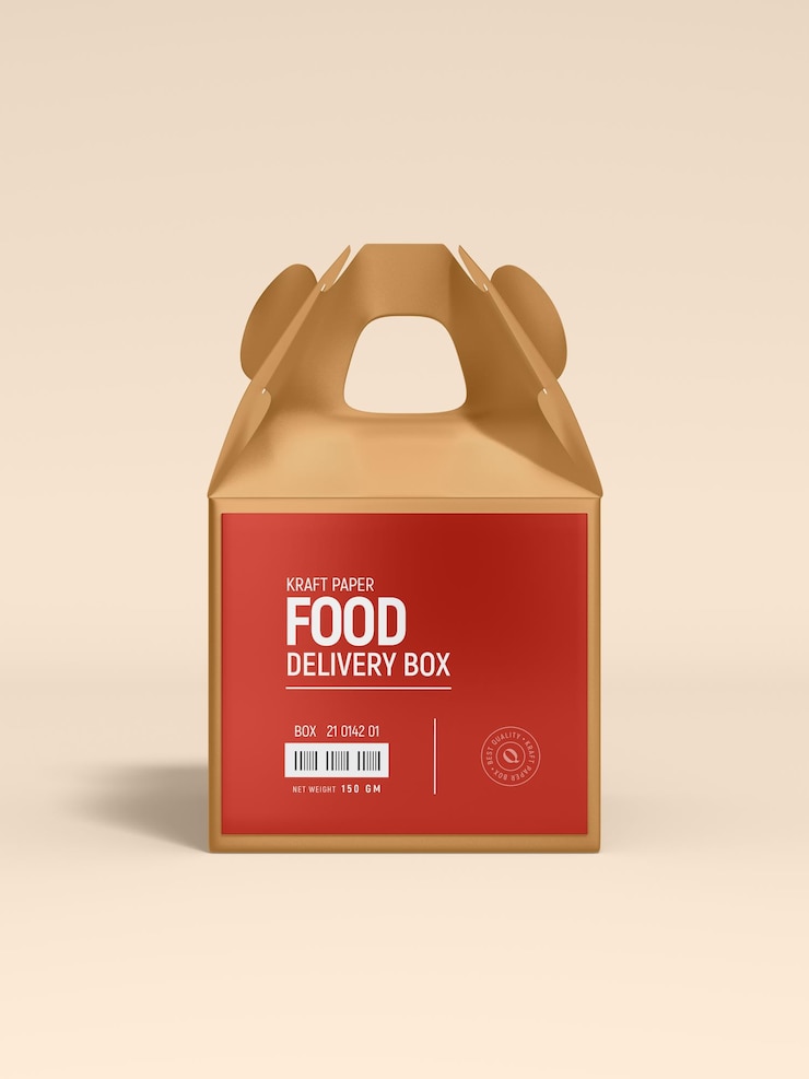 PSD kraft paper food delivery box and holder packaging mockup