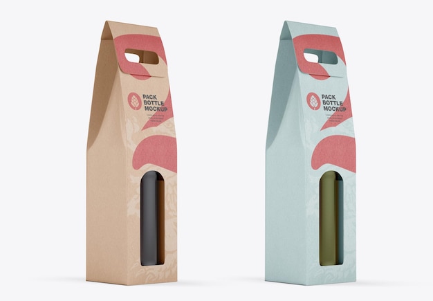 PSD kraft paper pack wine bottle carrier mockup