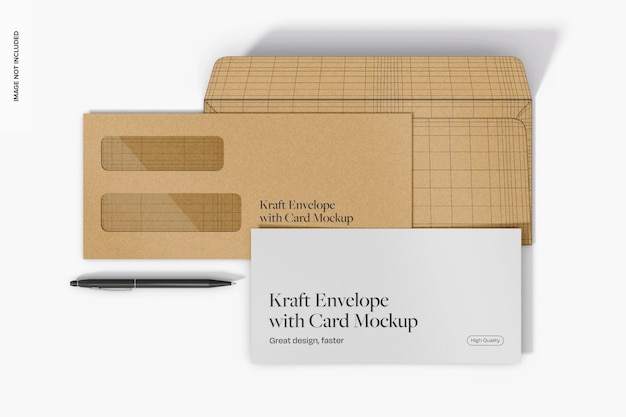 Kraft window envelopes with card mockup top view