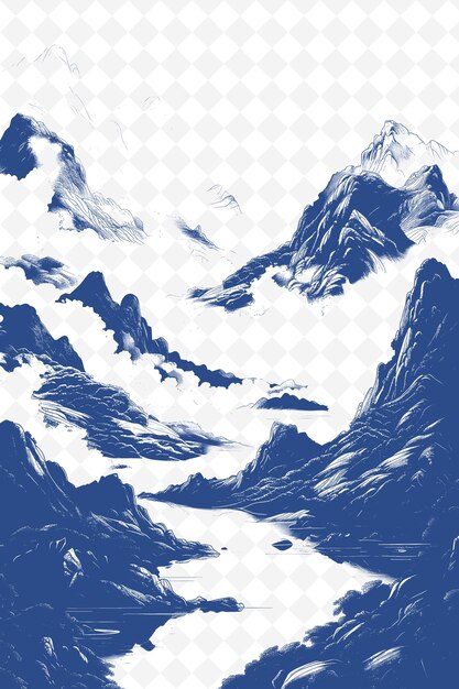 PSD krajobraz górski z formacjami chmur tradycyjna ilustracja pai z atramentem kolekcje sztuki konturów