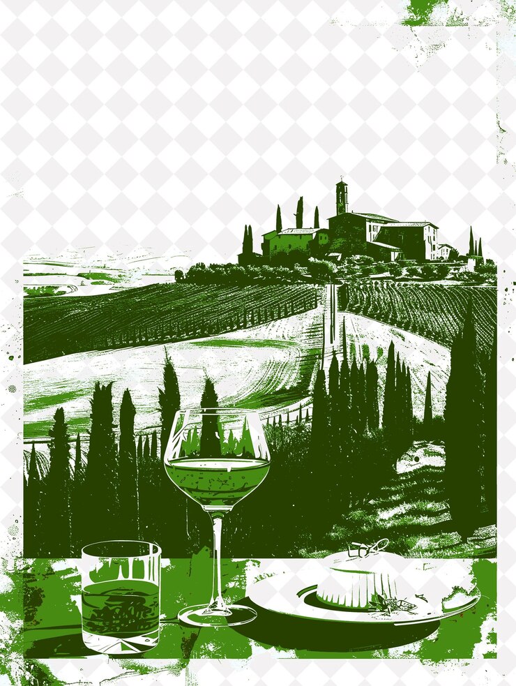 PSD krajobraz winnic chianti w toskanie z pannacotta desser włochy kultura ilustracja projektowania