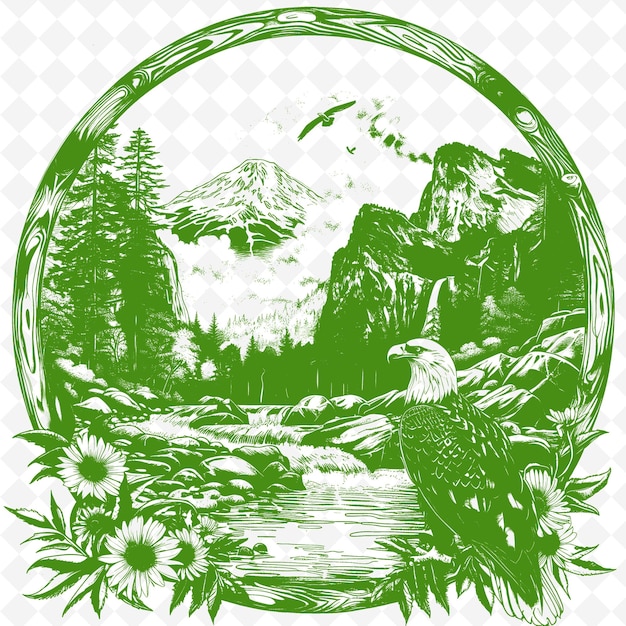 PSD krajobraz wodospadu górskiego z orłem i dzikimi kwiatami rust illustration outline art collections