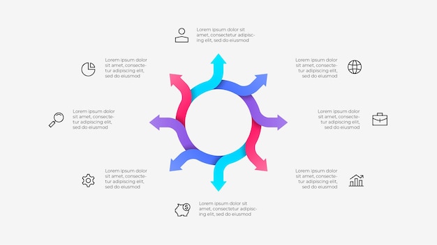 Kreativt cirkeldiagram med färgstarka 8 sektioner och informativ text som omger det