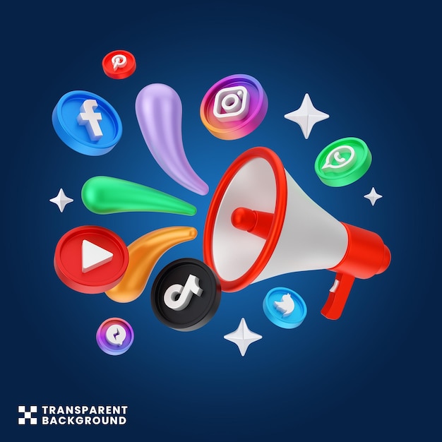 Kreativt koncept. Marknadsföring i sociala medier. Digital marknadsföring. 3D-illustration. Färgglad megafonkommunikation.