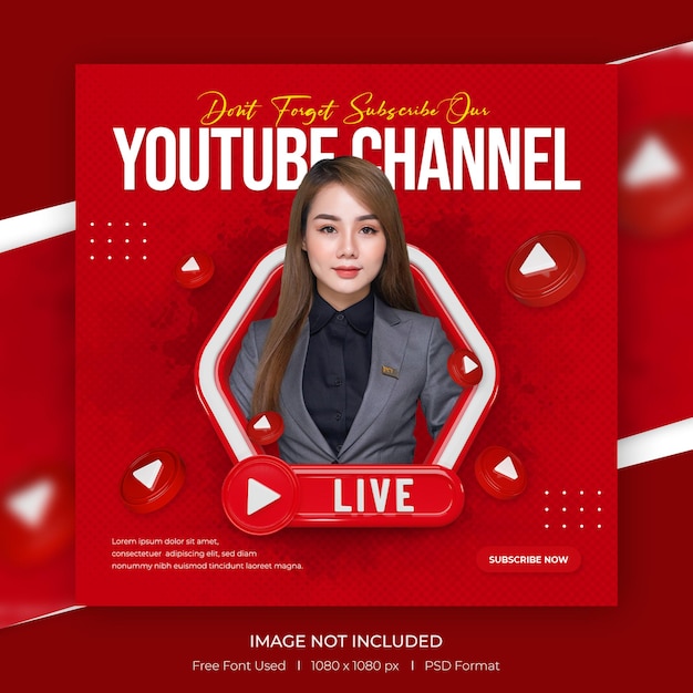Kreatywna koncepcja postu promocyjnego kanału youtube w mediach społecznościowych z szablonem 3d