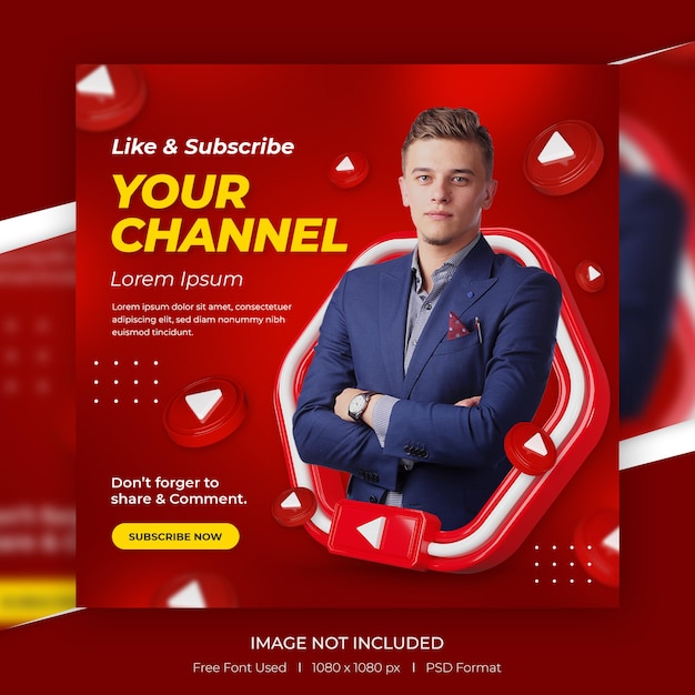 Kreatywna koncepcja postu promocyjnego kanału youtube w mediach społecznościowych z szablonem 3d