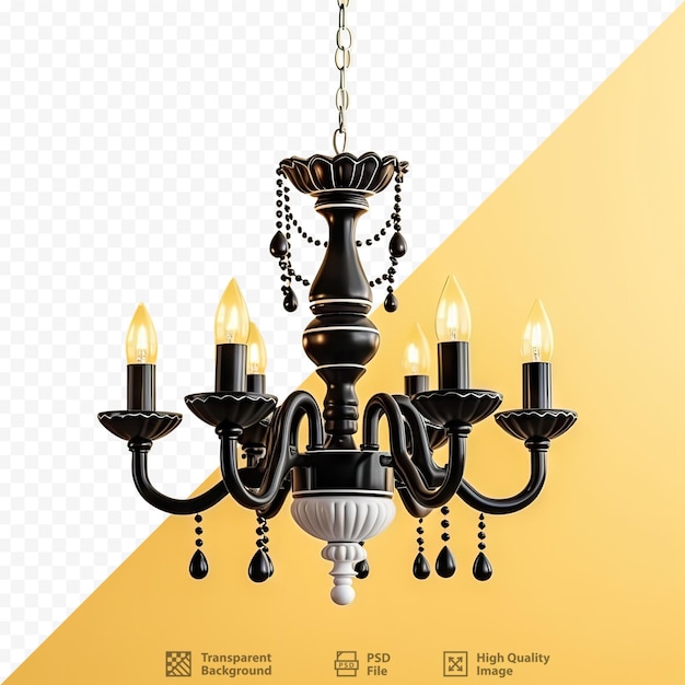 PSD kremowa, czarno-biało-żółta lampa żyrandolowa uzupełnia jej wystrój domu