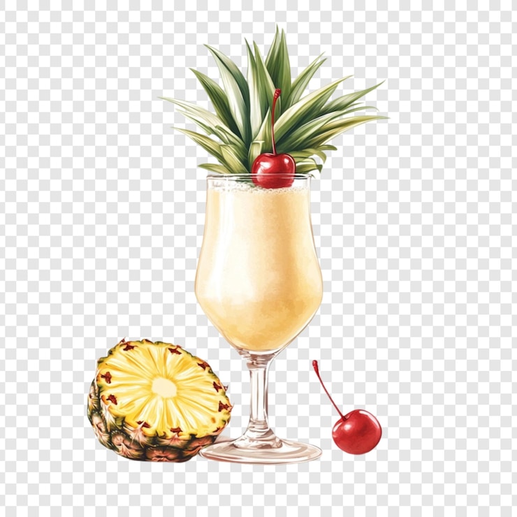 PSD kremowy koktajl pina colada w szklance huraganowej ozdobiony ananasem i wiśniami ilustracja napoju tropikalnego