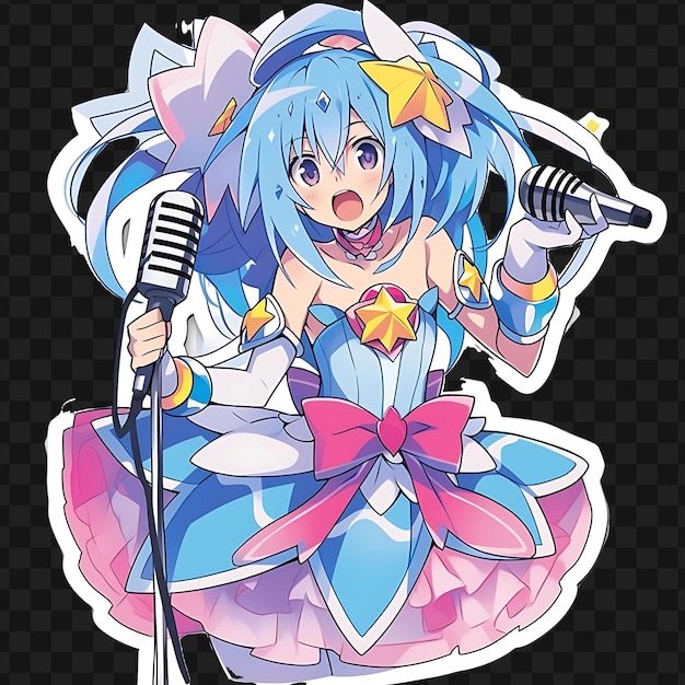 PSD kreskówkowy obraz niebieskiej dziewczyny z anime śpiewającej z mikrofonem