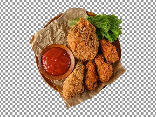 Krokant gebakken kip met ketchup op houten plaat met transparante achtergrond