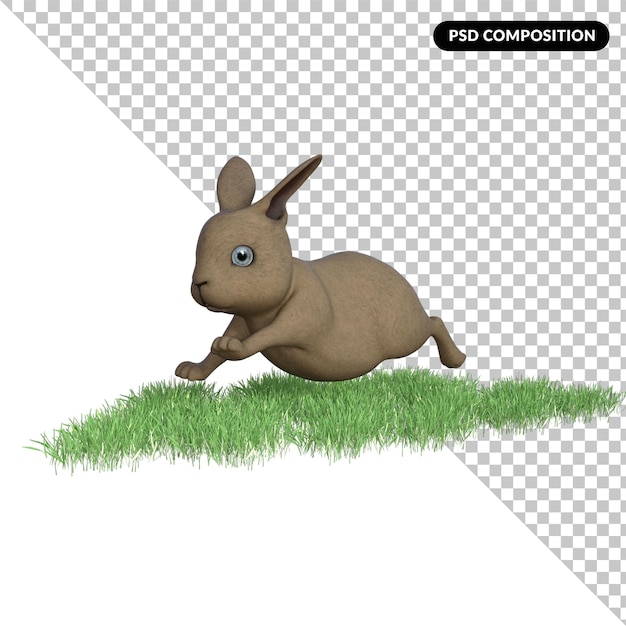 PSD królik na trawie na białym tle 3d