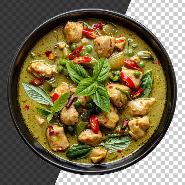 PSD kruidige thaise groene curry met kip stukjes en basilicum bladeren op transparante achtergrond stock png