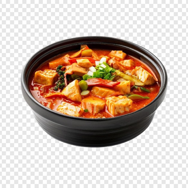Kruidige tofu en groente stoofpot in een zwarte schaal