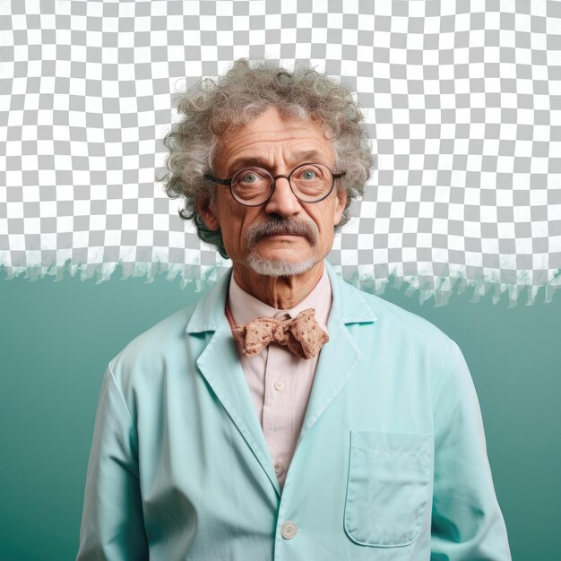 Krullende slavische senior hesitant chiropractor in pastel teal wall pose