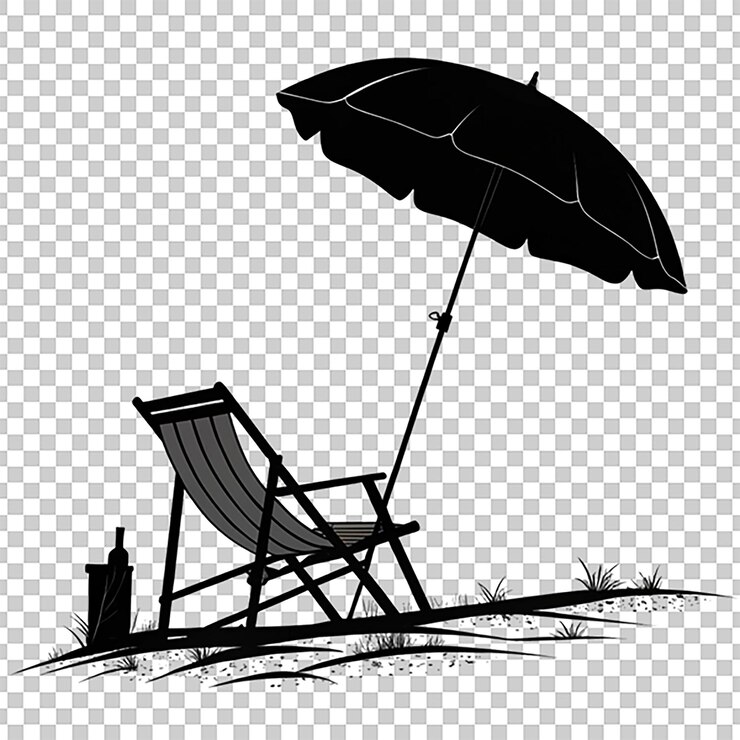 PSD krzesło plażowe i parasol z czarną sylwetką