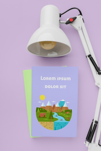 Książki z widokiem z góry z lampą