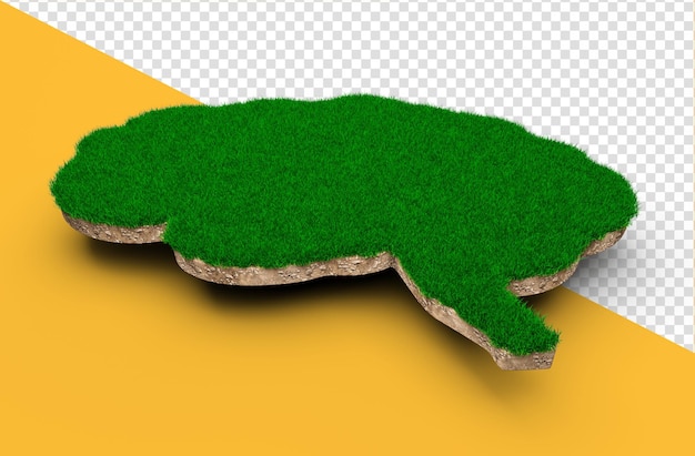 PSD kształt mózgu wykonany z zielonej trawy i przekroju tekstury gruntu skalnego z ilustracją 3d