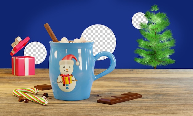 Kubek Kakaowy Z Marshmallows Na Drewnianym Stole, Renderowania 3d. Kartkę Z życzeniami świątecznymi.