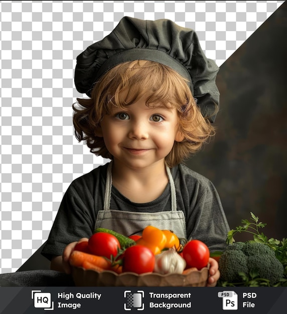 PSD kucharz chłopiec robiący świeże warzywa dla zdrowego jedzenia portret małego dziecka w postaci kucharza kucharz dziecka proces gotowania w misce warzyw