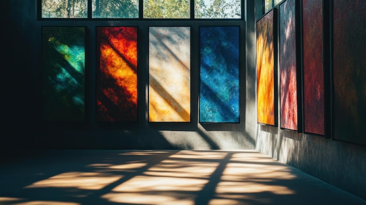 PSD kunstgalerij met kleurrijke abstracte schilderijen