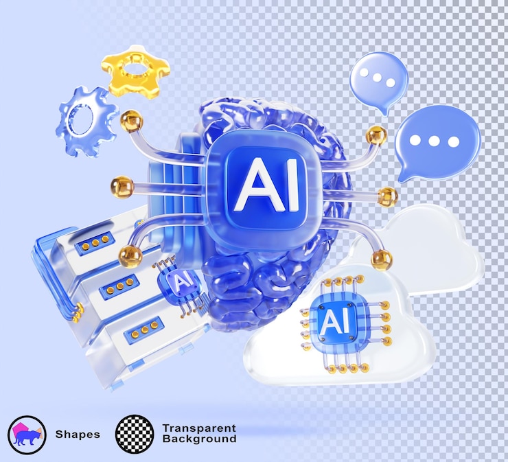 PSD kunstmatige intelligentie 3d blauwe achtergrond futuristisch glas menselijk brein met ai chip data server wolken spraak bubbels en tandwielen wetenschap en technologie concept render web banner